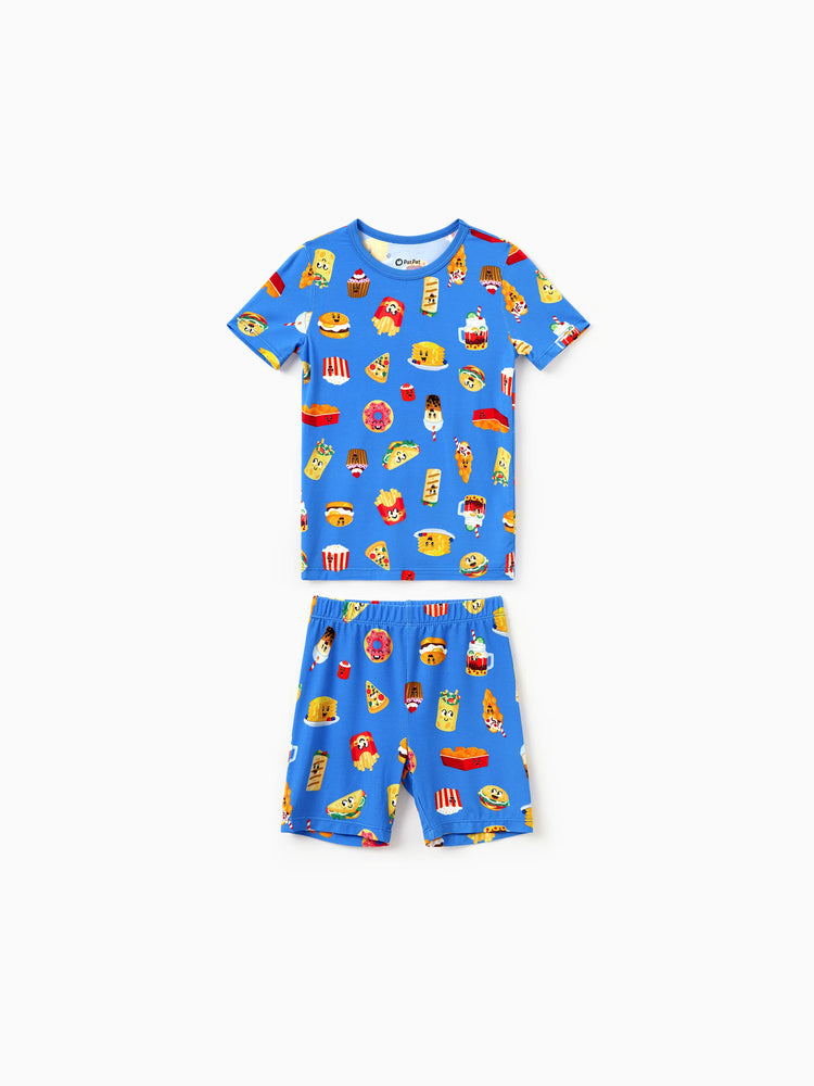 Daddy & Son Bamboo Pajamas Buttery Soft Bamboo PJs for Men Women Kids Toddler, Cute Burger & Fries Print Short Sleeve Sleepwear (Snug-Fitting for Children) Royal Blue