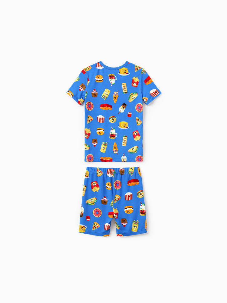 Mommy & me Bamboo Pajamas Buttery Soft Bamboo PJs for Men Women Kids Toddler, Cute Burger & Fries Print Short Sleeve Sleepwear (Snug-Fitting for Children) Royal Blue