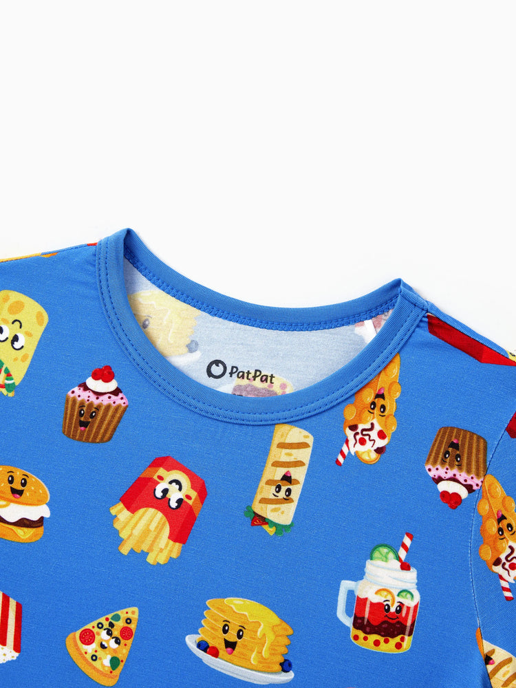Family Matching Bamboo Pajamas Buttery Soft Bamboo PJs for Men Women Kids Toddler, Cute Burger & Fries Print Short Sleeve Sleepwear (Snug-Fitting for Children) Royal Blue