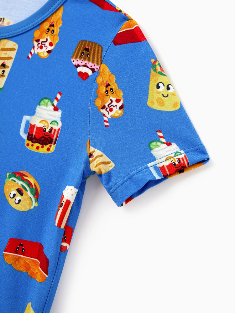 Mommy & me Bamboo Pajamas Buttery Soft Bamboo PJs for Men Women Kids Toddler, Cute Burger & Fries Print Short Sleeve Sleepwear (Snug-Fitting for Children) Royal Blue
