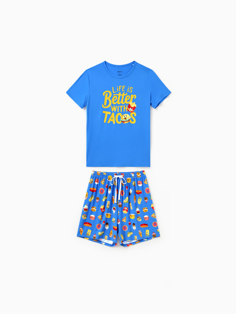 Family Matching Bamboo Pajamas Buttery Soft Bamboo PJs for Men Women Kids Toddler, Cute Burger & Fries Print Short Sleeve Sleepwear (Snug-Fitting for Children) Royal Blue