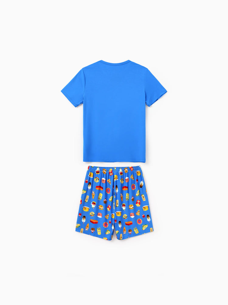 Family Matching Bamboo Pajamas Buttery Soft Bamboo PJs for Men Women Kids Toddler, Cute Burger & Fries Print Short Sleeve Sleepwear (Snug-Fitting for Children) Royal Blue