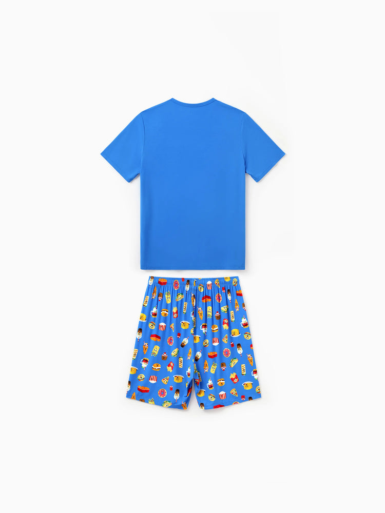 Daddy & Son Bamboo Pajamas Buttery Soft Bamboo PJs for Men Women Kids Toddler, Cute Burger & Fries Print Short Sleeve Sleepwear (Snug-Fitting for Children) Royal Blue