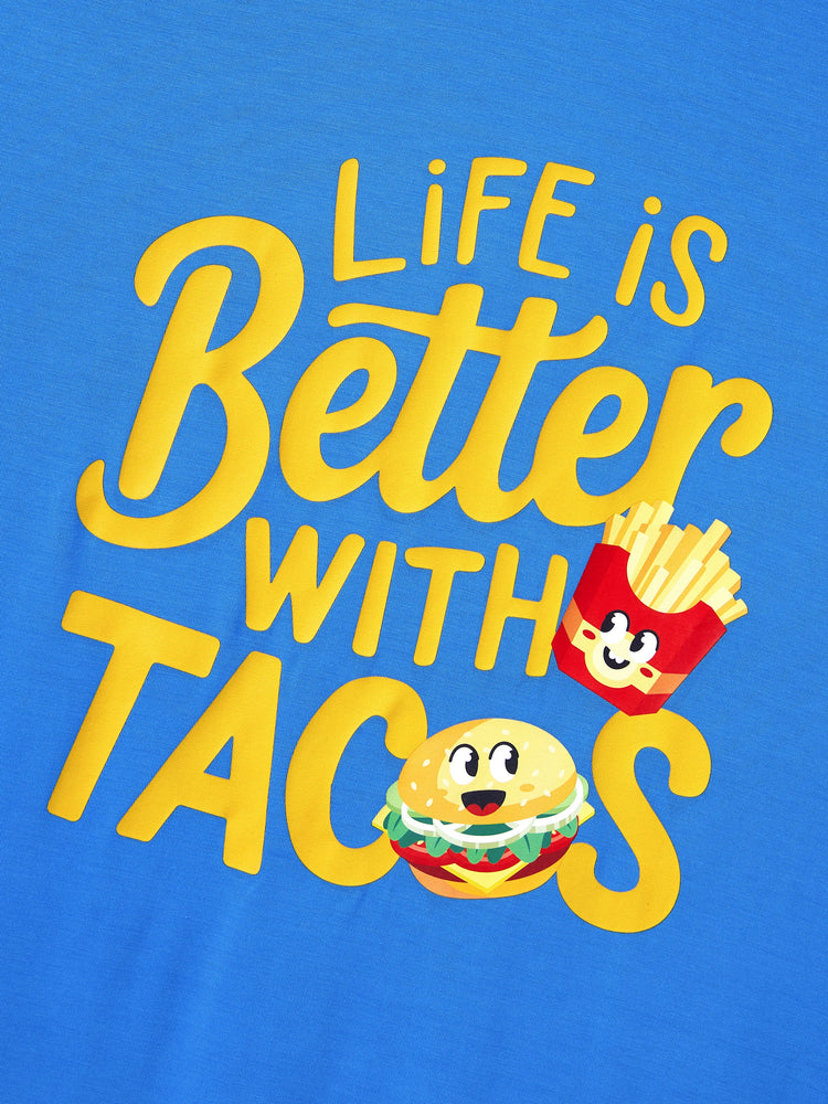 Daddy & Son Bamboo Pajamas Buttery Soft Bamboo PJs for Men Women Kids Toddler, Cute Burger & Fries Print Short Sleeve Sleepwear (Snug-Fitting for Children) Royal Blue