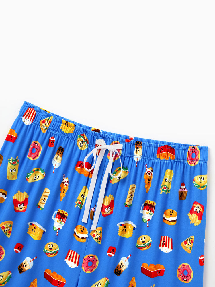 Daddy & Son Bamboo Pajamas Buttery Soft Bamboo PJs for Men Women Kids Toddler, Cute Burger & Fries Print Short Sleeve Sleepwear (Snug-Fitting for Children) Royal Blue