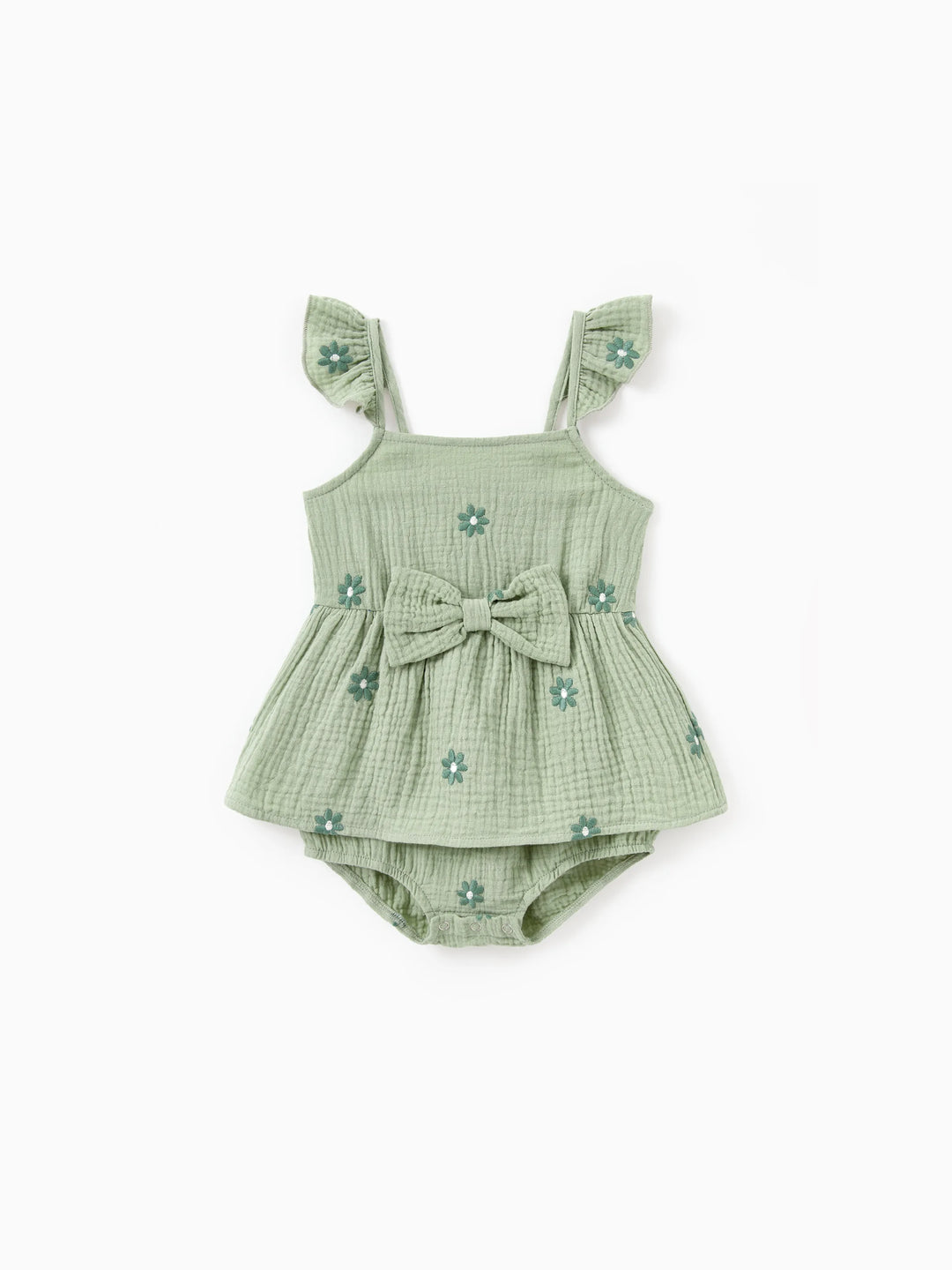 Matching Floral Cotton Dresses for Mom & Me Button-Down Smocked Floral Strap Dress for Mom, Baby Girl Ruffle Dress with Bow, Perfect for Summer Family Outings & Photos Pale Green