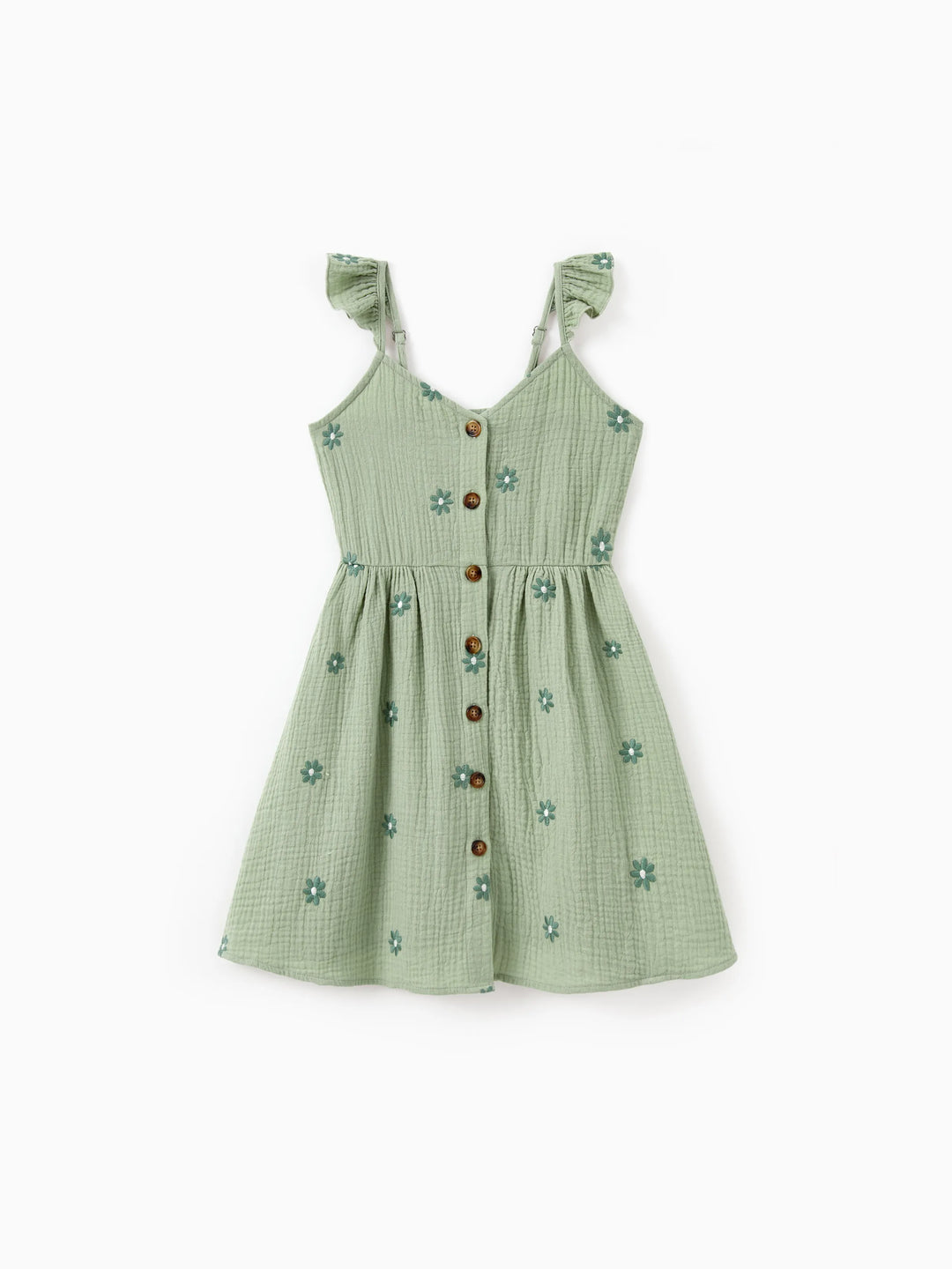 Matching Floral Cotton Dresses for Mom & Me Button-Down Smocked Floral Strap Dress for Mom, Baby Girl Ruffle Dress with Bow, Perfect for Summer Family Outings & Photos Pale Green