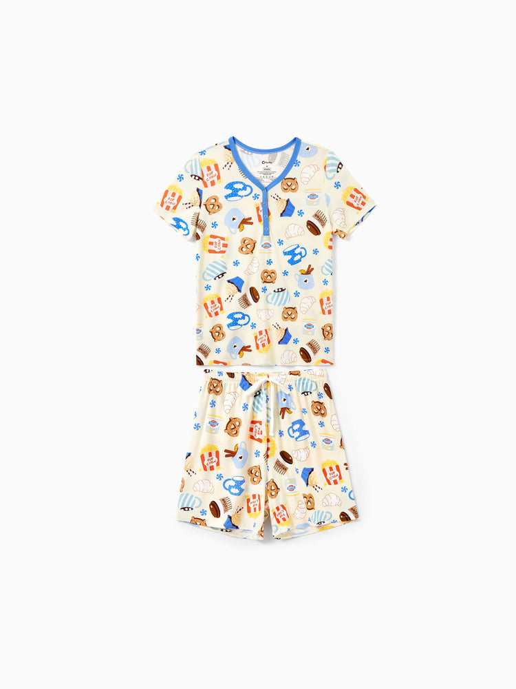Family Matching Bamboo Pajamas Buttery Soft Bamboo Viscose PJs for Men Women Kids Toddler Baby, Cozy Dessert Print Short-sleeve Sleepwear Blue