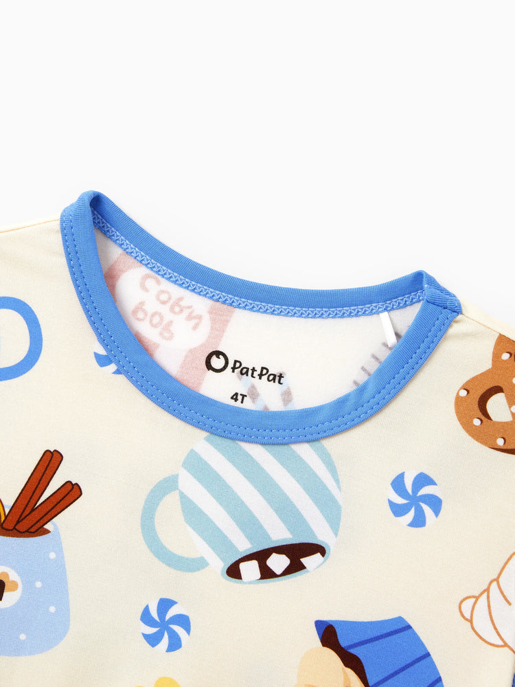 Family Matching Bamboo Pajamas Buttery Soft Bamboo Viscose PJs for Men Women Kids Toddler Baby, Cozy Dessert Print Short-sleeve Sleepwear Blue