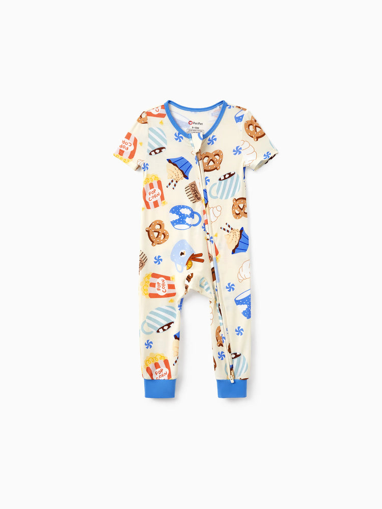 Mommy & me Bamboo Pajamas Buttery Soft Bamboo Viscose PJs for Men Women Kids Toddler Baby, Cozy Dessert Print Short-sleeve Sleepwear Blue