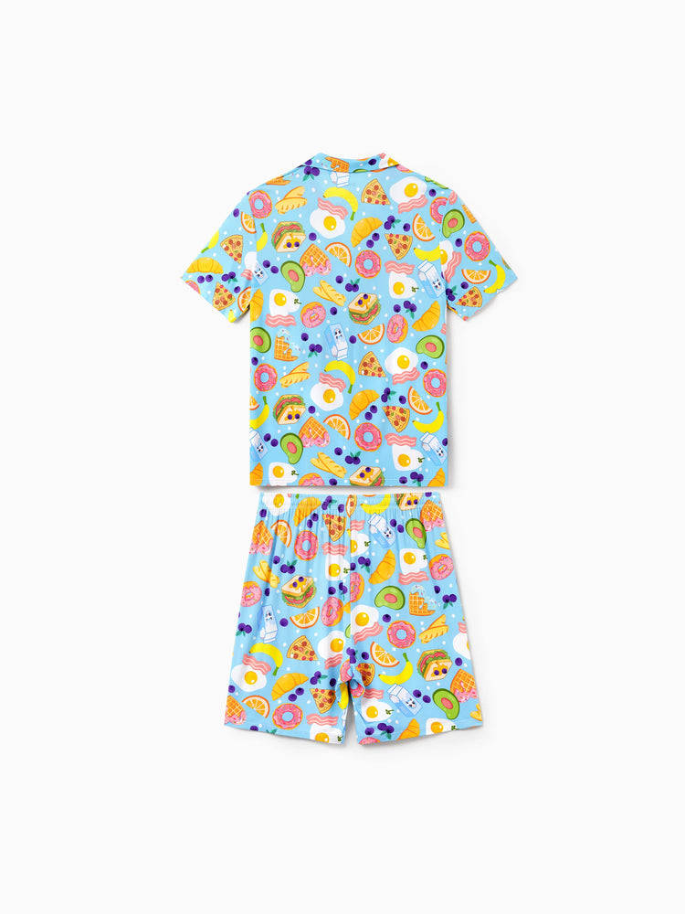 Family Matching Bamboo Pajamas Soft Bamboo Viscose PJs for Men Women Kids Toddler, Fun Food & Fruit Print Short-sleeve Sleepwear Blue