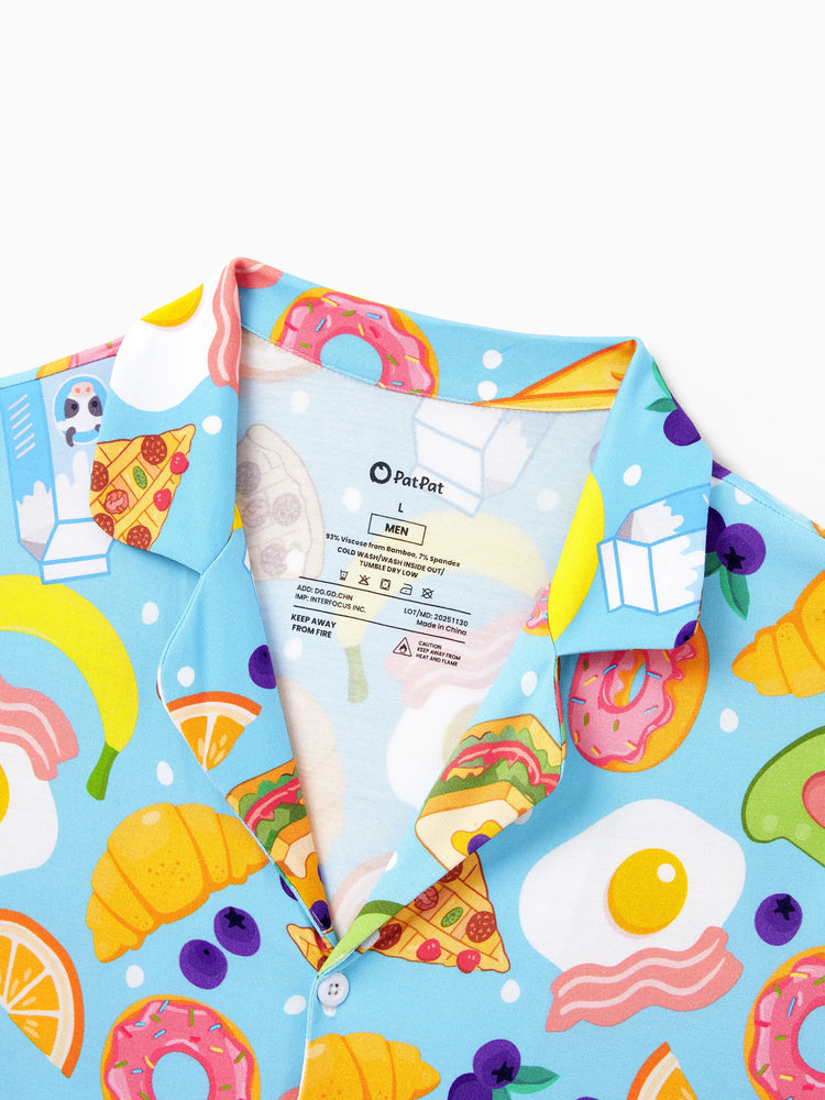 Family Matching Bamboo Pajamas Soft Bamboo Viscose PJs for Men Women Kids Toddler, Fun Food & Fruit Print Short-sleeve Sleepwear Blue
