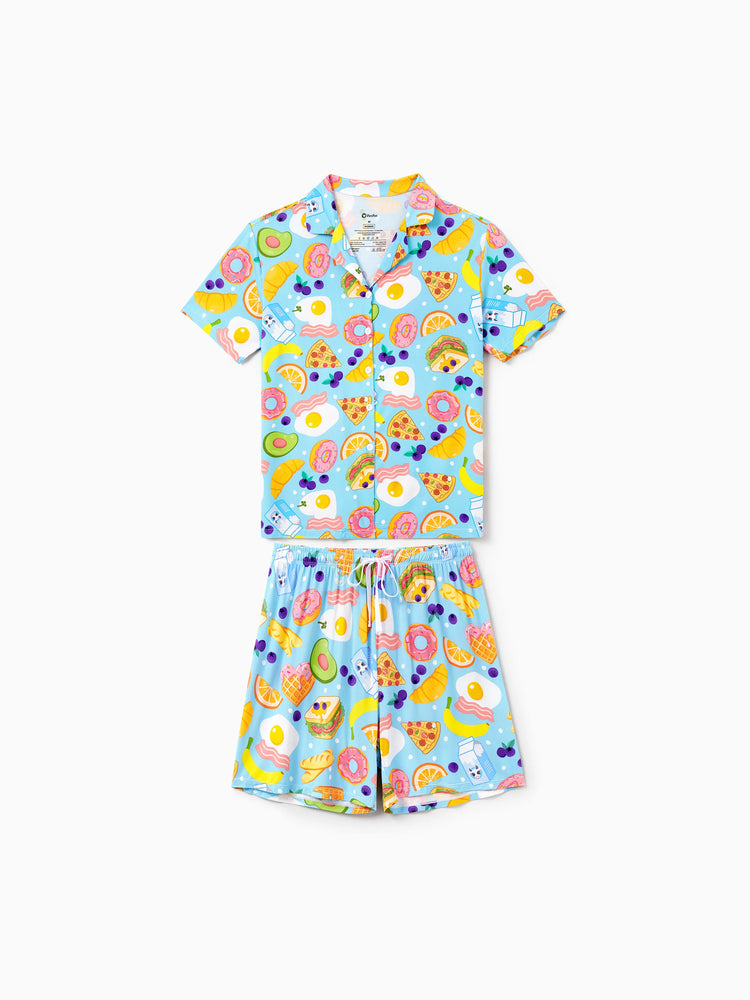 Family Matching Bamboo Pajamas Soft Bamboo Viscose PJs for Men Women Kids Toddler, Fun Food & Fruit Print Short-sleeve Sleepwear Blue