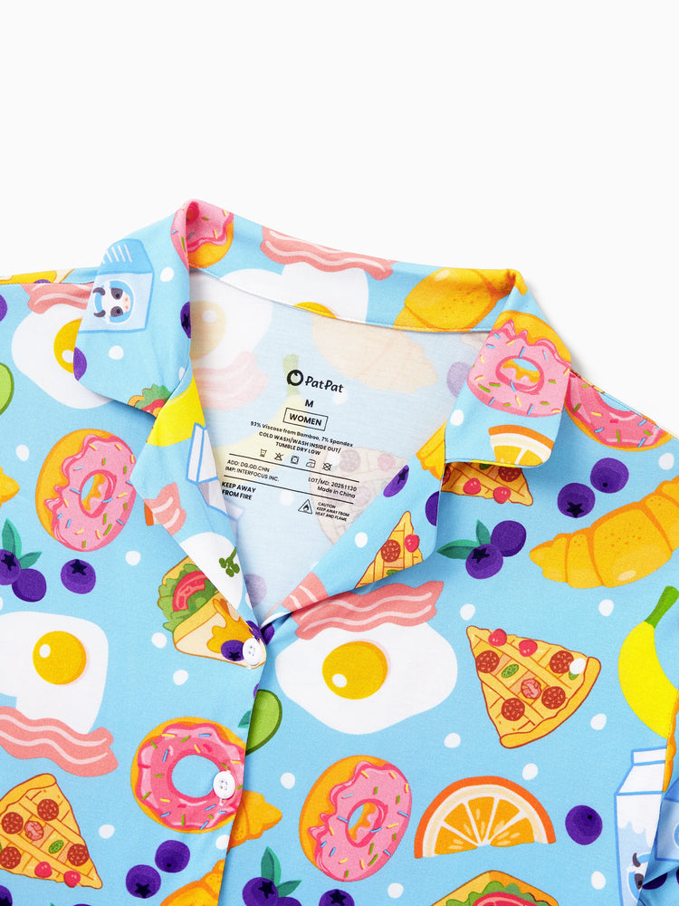 Family Matching Bamboo Pajamas Soft Bamboo Viscose PJs for Men Women Kids Toddler, Fun Food & Fruit Print Short-sleeve Sleepwear Blue