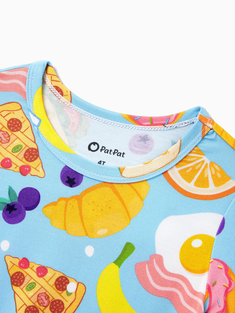 Family Matching Bamboo Pajamas Soft Bamboo Viscose PJs for Men Women Kids Toddler, Fun Food & Fruit Print Short-sleeve Sleepwear Blue