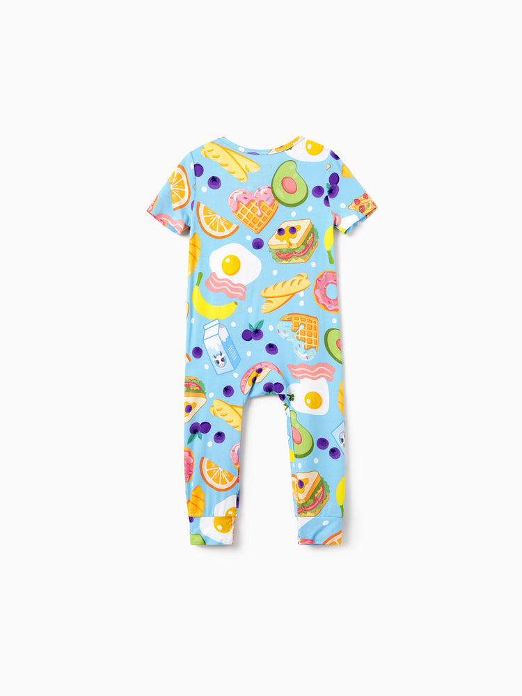 Family Matching Bamboo Pajamas Soft Bamboo Viscose PJs for Men Women Kids Toddler, Fun Food & Fruit Print Short-sleeve Sleepwear Blue