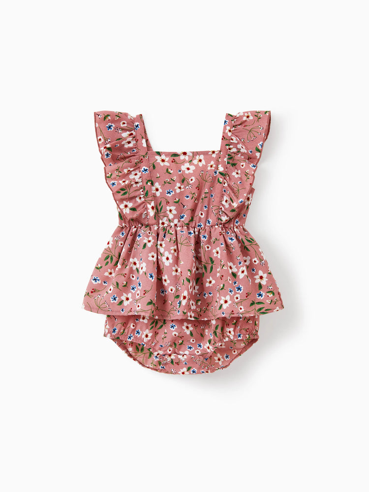 Family Matching Cotton T-Shirt & Dress Set Daddy / Mini Print Black Tee for Dad and boy, Floral Print splicing Dress for Mom, girl and Baby, Perfect for Summer Family Outings Black