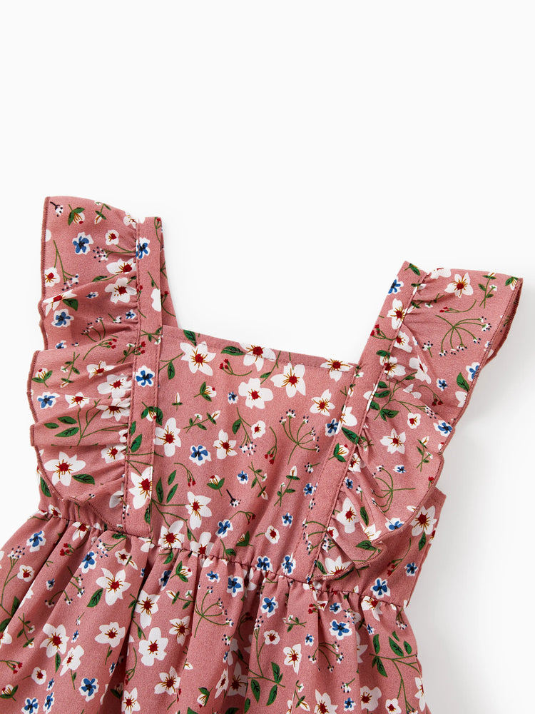 Family Matching Cotton T-Shirt & Dress Set Daddy / Mini Print Black Tee for Dad and boy, Floral Print splicing Dress for Mom, girl and Baby, Perfect for Summer Family Outings Black