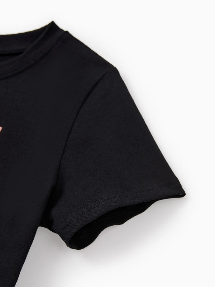 Daddy & Son Cotton T-Shirt & Dress Set Daddy / Mini Print Black Tee for Dad and boy, Floral Print splicing Dress for Mom, girl and Baby, Perfect for Summer Family Outings Black