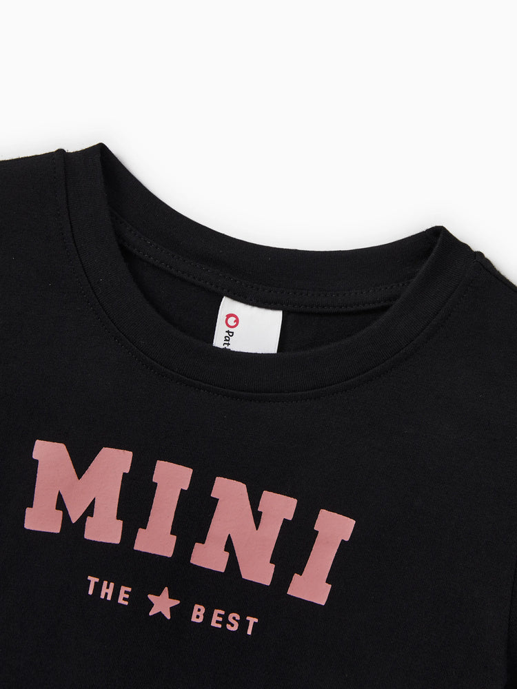 Family Matching Cotton T-Shirt & Dress Set Daddy / Mini Print Black Tee for Dad and boy, Floral Print splicing Dress for Mom, girl and Baby, Perfect for Summer Family Outings Black