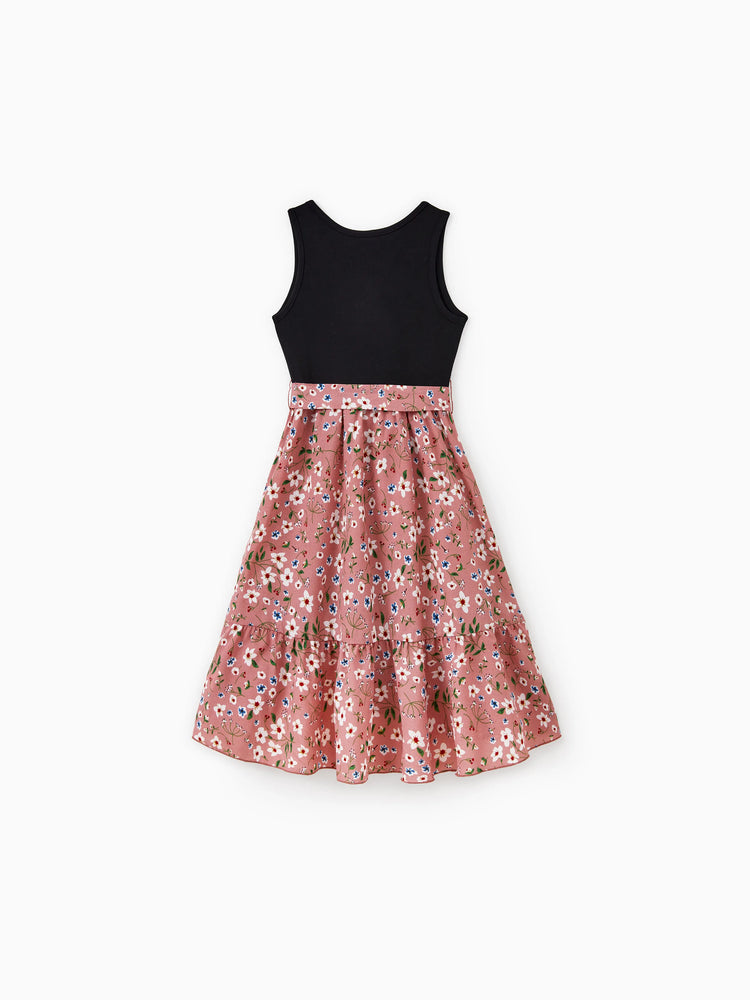 Family Matching Cotton T-Shirt & Dress Set Daddy / Mini Print Black Tee for Dad and boy, Floral Print splicing Dress for Mom, girl and Baby, Perfect for Summer Family Outings Black