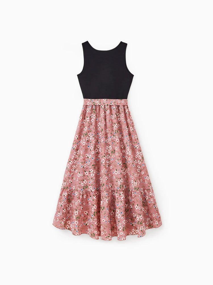 Family Matching Cotton T-Shirt & Dress Set Daddy / Mini Print Black Tee for Dad and boy, Floral Print splicing Dress for Mom, girl and Baby, Perfect for Summer Family Outings Black