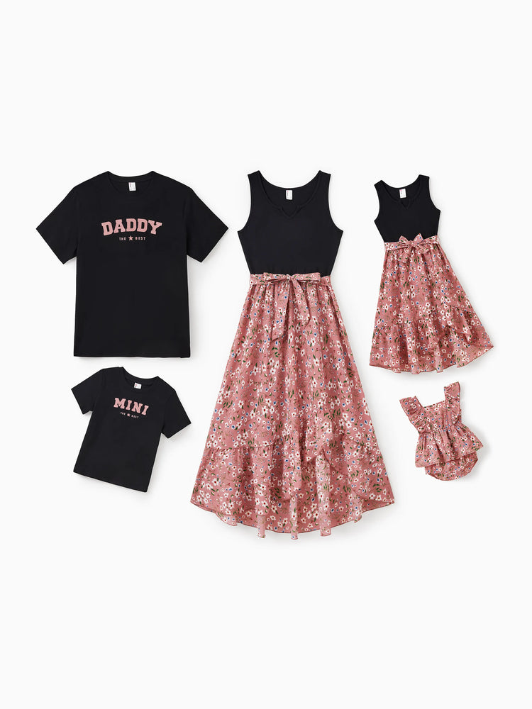 Family Matching Cotton T-Shirt & Dress Set Daddy / Mini Print Black Tee for Dad and boy, Floral Print splicing Dress for Mom, girl and Baby, Perfect for Summer Family Outings Black