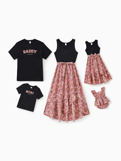 Mommy & me Cotton T-Shirt & Dress Set Daddy / Mini Print Black Tee for Dad and boy, Floral Print splicing Dress for Mom, girl and Baby, Perfect for Summer Family Outings Black