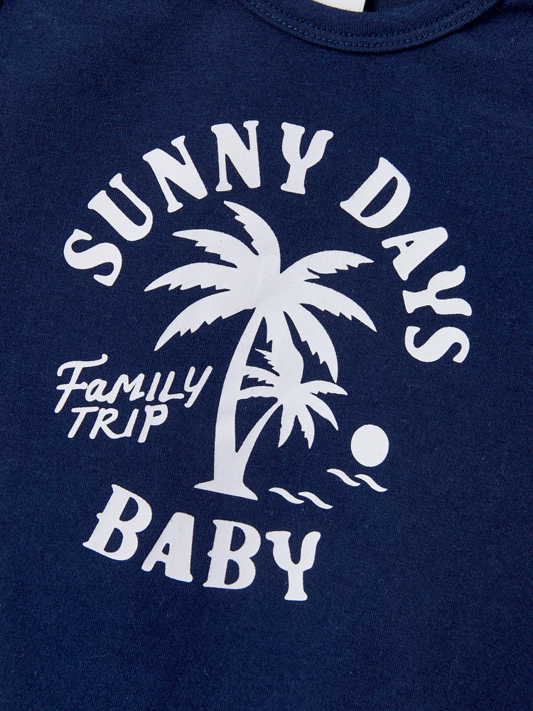 Family Matching Cotton T-Shirt & Dress Set – Sunny Days Palm Print for Dad, Mom, Baby & Toddler, Perfect for Summer Vacations & Family Outings Tibetan blue