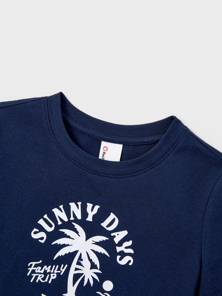 Daddy & Son Cotton T-Shirt & Dress Set – Sunny Days Palm Print for Dad, Mom, Baby & Toddler, Perfect for Summer Vacations & Family Outings Tibetan blue