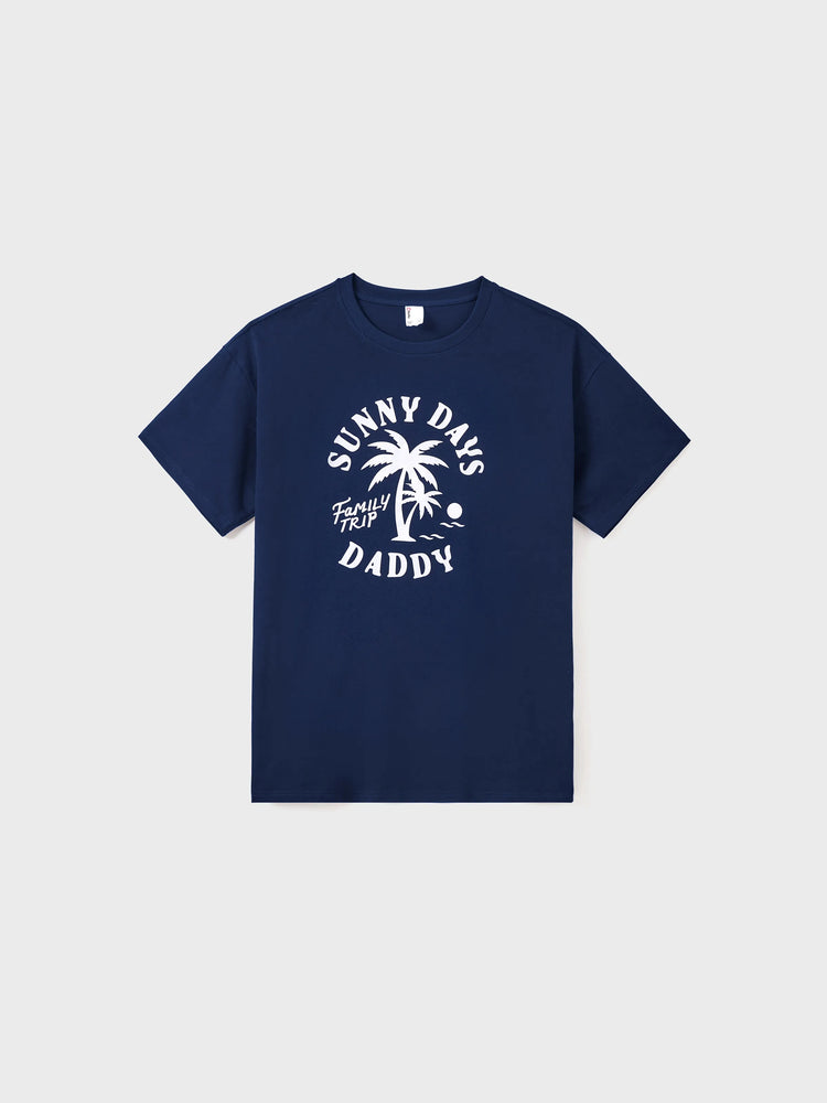 Family Matching Cotton T-Shirt & Dress Set – Sunny Days Palm Print for Dad, Mom, Baby & Toddler, Perfect for Summer Vacations & Family Outings Tibetan blue