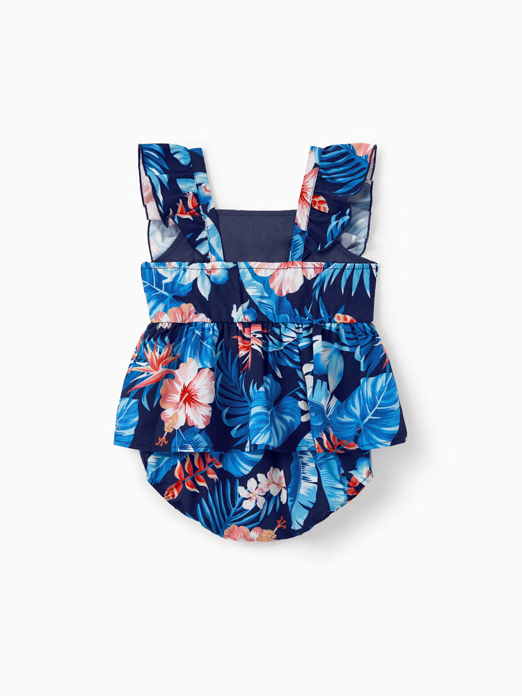 Family Matching Vacation Set Tropical Floral Print Shirt or Halter Dresses for Dad, Mom, Kids & Baby, Perfect for Summer Holidays & Family Photos Deep Blue