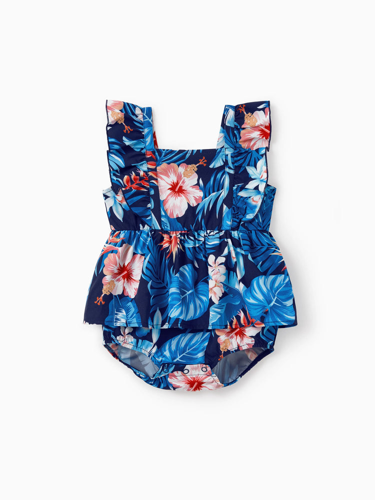 Mommy & me Vacation Set Tropical Floral Print Shirt or Halter Dresses for Dad, Mom, Kids & Baby, Perfect for Summer Holidays & Family Photos Deep Blue