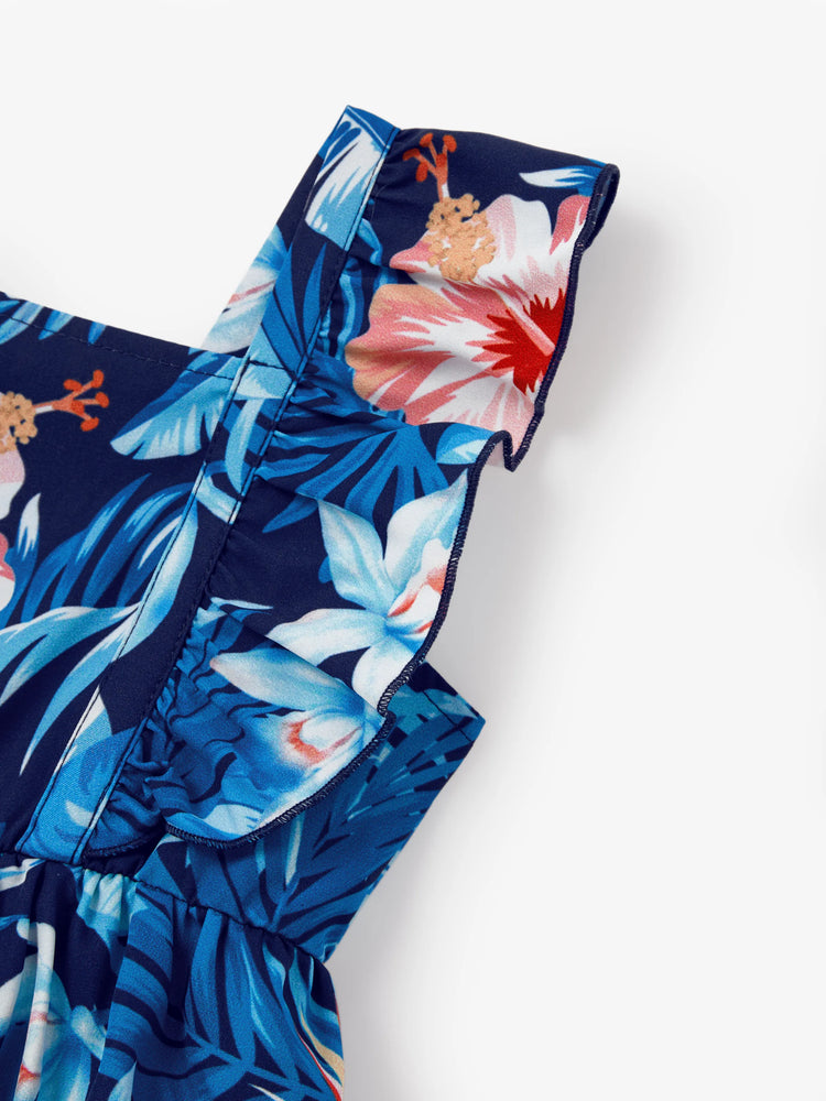 Daddy & Daughter Vacation Set Tropical Floral Print Shirt or Halter Dresses for Dad, Mom, Kids & Baby, Perfect for Summer Holidays & Family Photos Deep Blue