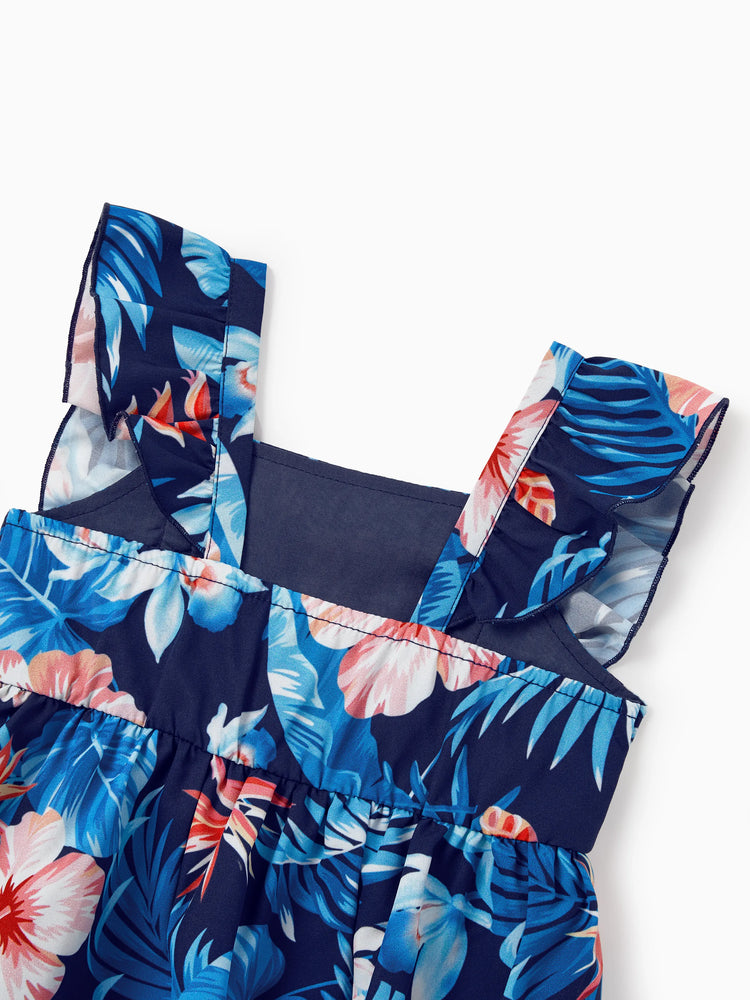 Family Matching Vacation Set Tropical Floral Print Shirt or Halter Dresses for Dad, Mom, Kids & Baby, Perfect for Summer Holidays & Family Photos Deep Blue