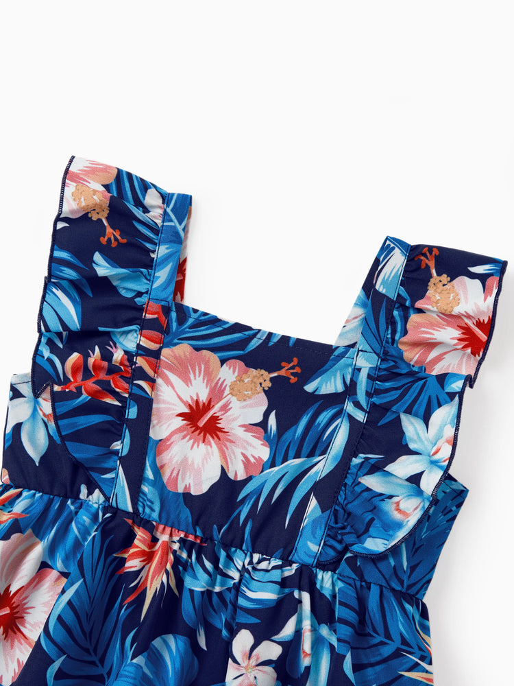 Family Matching Vacation Set Tropical Floral Print Shirt or Halter Dresses for Dad, Mom, Kids & Baby, Perfect for Summer Holidays & Family Photos Deep Blue