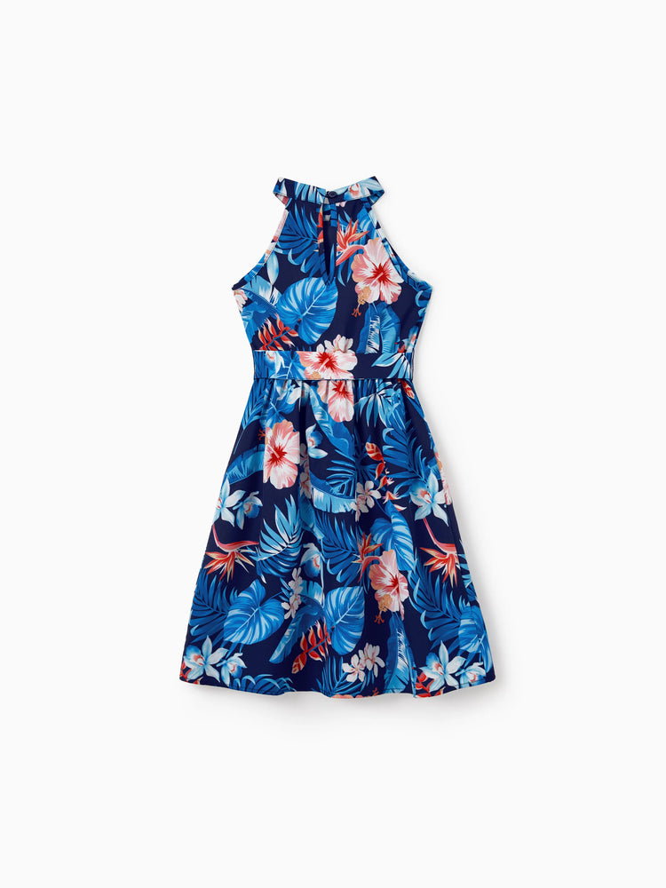 Daddy & Daughter Vacation Set Tropical Floral Print Shirt or Halter Dresses for Dad, Mom, Kids & Baby, Perfect for Summer Holidays & Family Photos Deep Blue