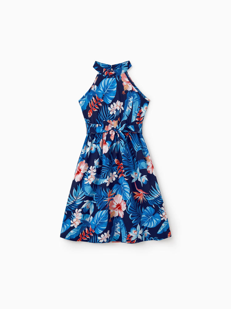 Mommy & me Vacation Set Tropical Floral Print Shirt or Halter Dresses for Dad, Mom, Kids & Baby, Perfect for Summer Holidays & Family Photos Deep Blue