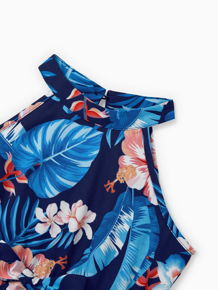 Family Matching Vacation Set Tropical Floral Print Shirt or Halter Dresses for Dad, Mom, Kids & Baby, Perfect for Summer Holidays & Family Photos Deep Blue