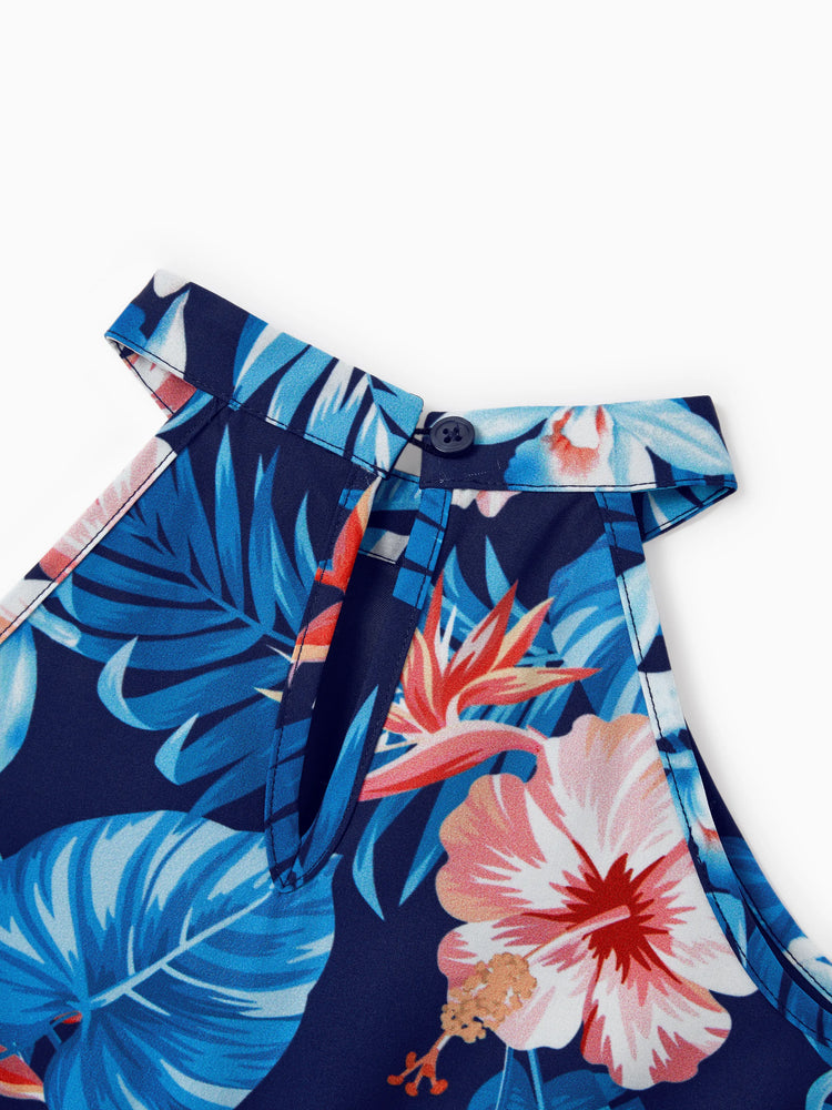 Family Matching Vacation Set Tropical Floral Print Shirt or Halter Dresses for Dad, Mom, Kids & Baby, Perfect for Summer Holidays & Family Photos Deep Blue