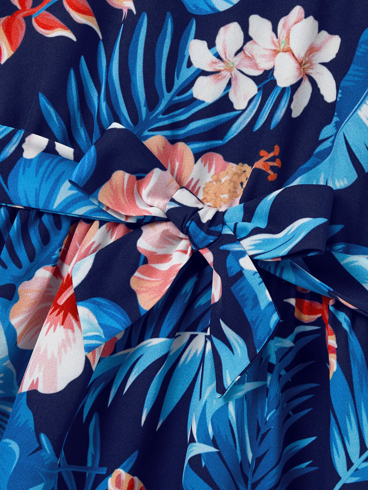 Mommy & me Vacation Set Tropical Floral Print Shirt or Halter Dresses for Dad, Mom, Kids & Baby, Perfect for Summer Holidays & Family Photos Deep Blue
