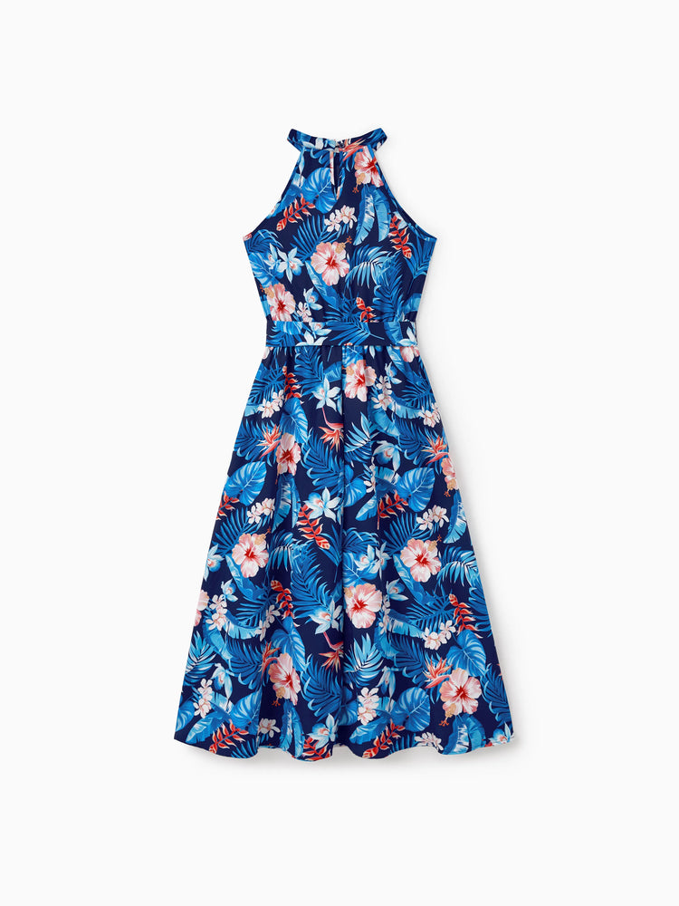 Mommy & me Vacation Set Tropical Floral Print Shirt or Halter Dresses for Dad, Mom, Kids & Baby, Perfect for Summer Holidays & Family Photos Deep Blue