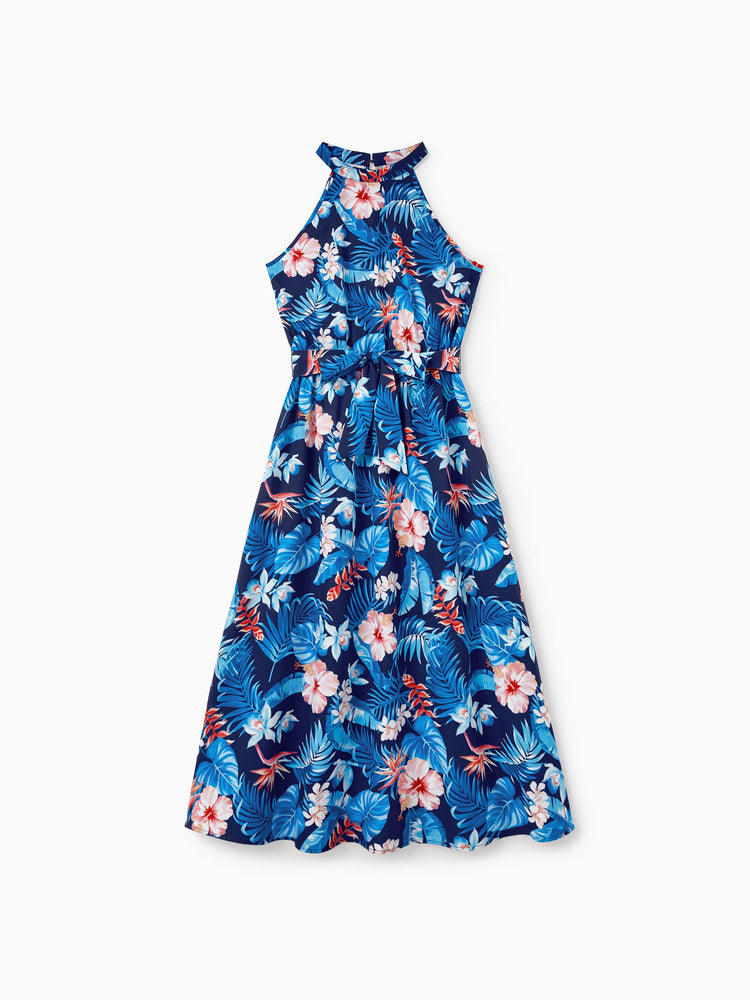 Mommy & me Vacation Set Tropical Floral Print Shirt or Halter Dresses for Dad, Mom, Kids & Baby, Perfect for Summer Holidays & Family Photos Deep Blue