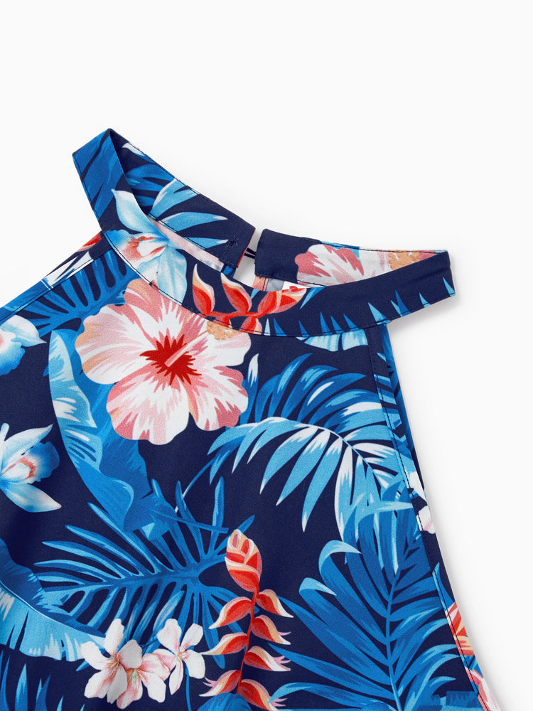 Family Matching Vacation Set Tropical Floral Print Shirt or Halter Dresses for Dad, Mom, Kids & Baby, Perfect for Summer Holidays & Family Photos Deep Blue