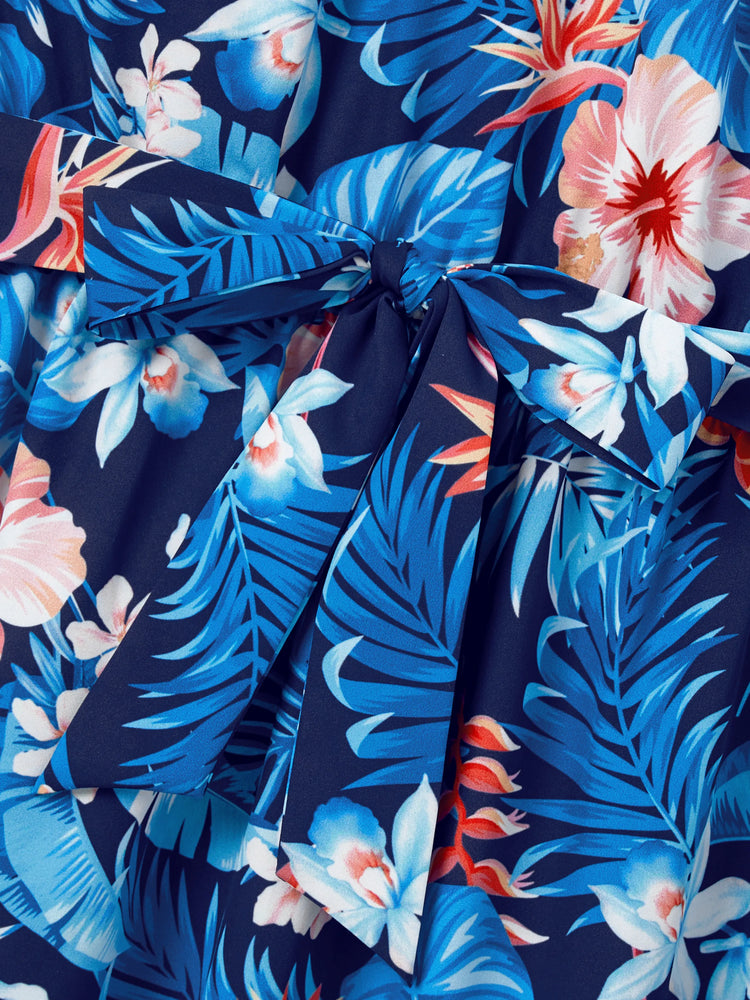 Family Matching Vacation Set Tropical Floral Print Shirt or Halter Dresses for Dad, Mom, Kids & Baby, Perfect for Summer Holidays & Family Photos Deep Blue