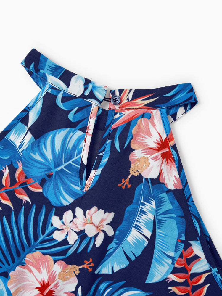 Mommy & me Vacation Set Tropical Floral Print Shirt or Halter Dresses for Dad, Mom, Kids & Baby, Perfect for Summer Holidays & Family Photos Deep Blue