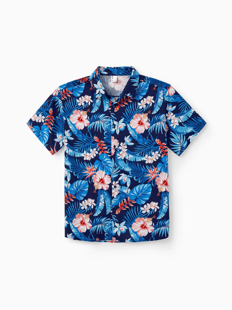 Family Matching Vacation Set Tropical Floral Print Shirt or Halter Dresses for Dad, Mom, Kids & Baby, Perfect for Summer Holidays & Family Photos Deep Blue
