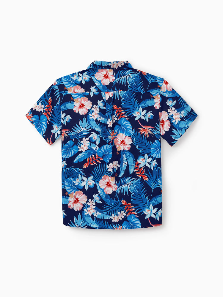 Family Matching Vacation Set Tropical Floral Print Shirt or Halter Dresses for Dad, Mom, Kids & Baby, Perfect for Summer Holidays & Family Photos Deep Blue