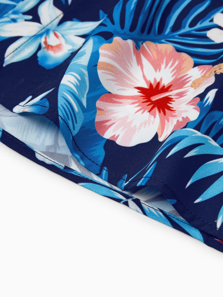 Family Matching Vacation Set Tropical Floral Print Shirt or Halter Dresses for Dad, Mom, Kids & Baby, Perfect for Summer Holidays & Family Photos Deep Blue