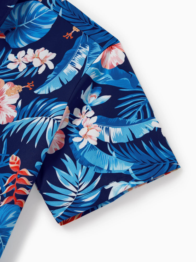 Family Matching Vacation Set Tropical Floral Print Shirt or Halter Dresses for Dad, Mom, Kids & Baby, Perfect for Summer Holidays & Family Photos Deep Blue
